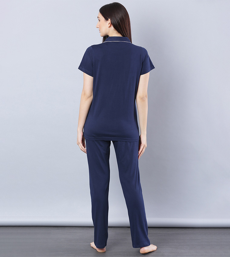 Buy HIS & HERS Solid Regular Pyjama Set In Blue | 6thStreet UAE