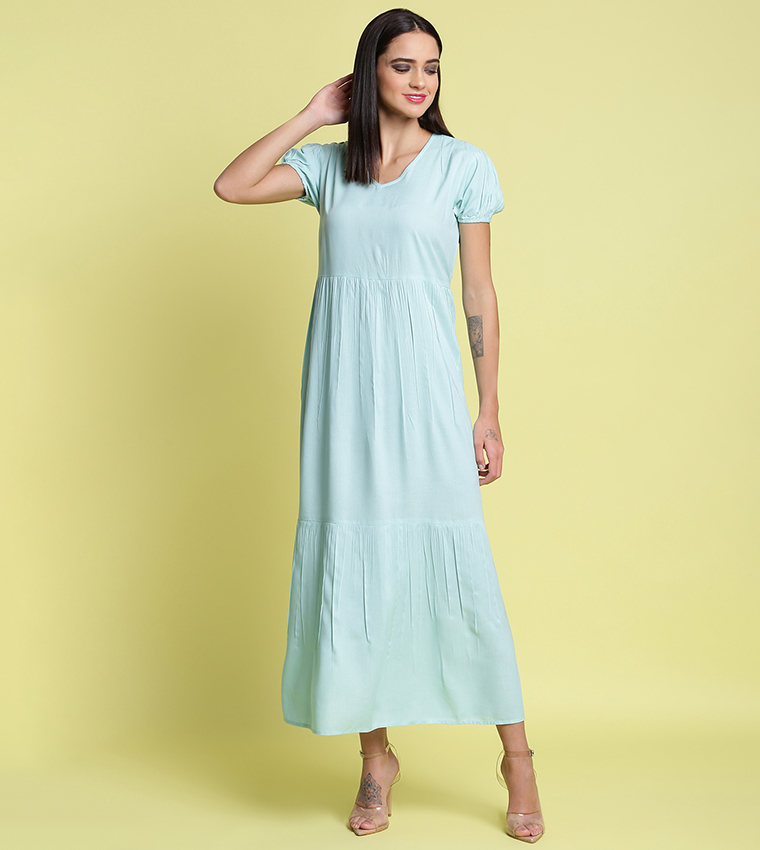 Buy HIS & HERS Solid Tiered Maxi Dress In Blue 6thStreet Qatar