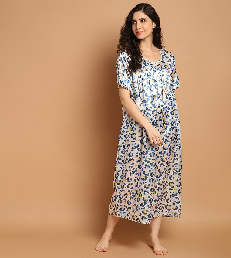 Buy HIS HERS Printed Satin Maxi Night Dress In Multiple Colors