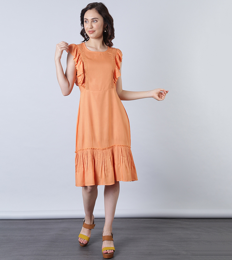 Orange ruffle shop sleeve dress