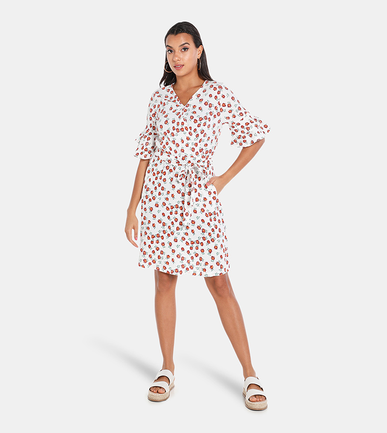 Floral Cross Over Belted Dress
