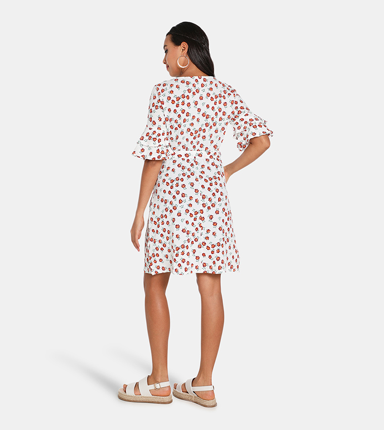 Floral Cross Over Belted Dress