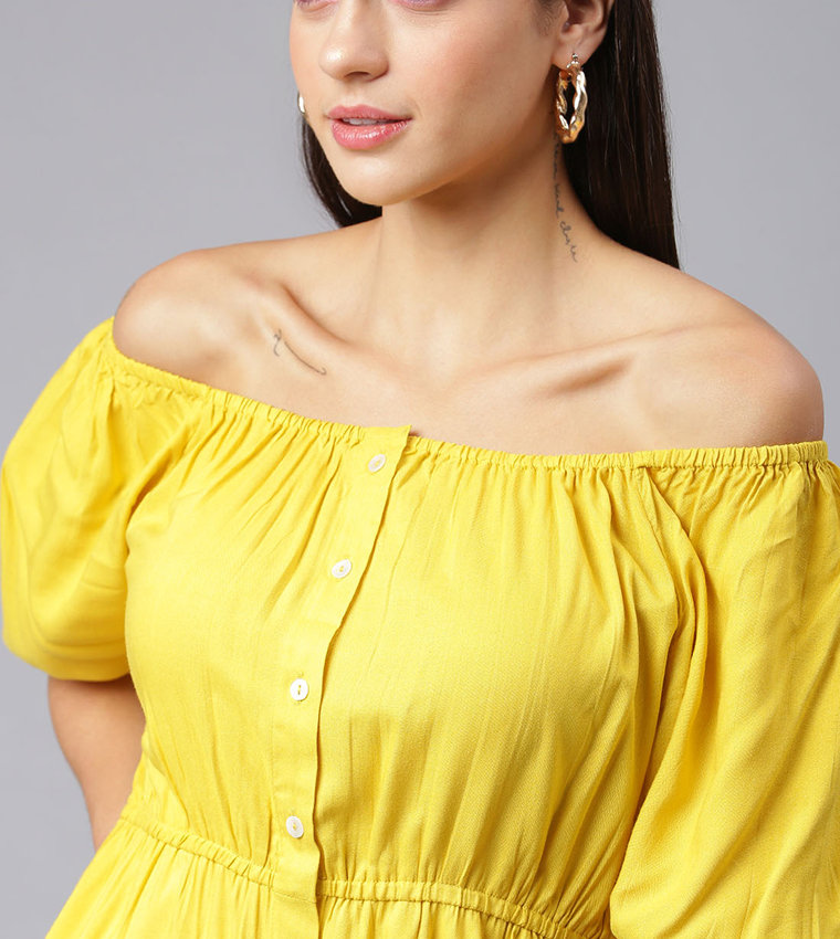 Buy HIS HERS Solid Off Shoulder Knee Length Dress In Yellow
