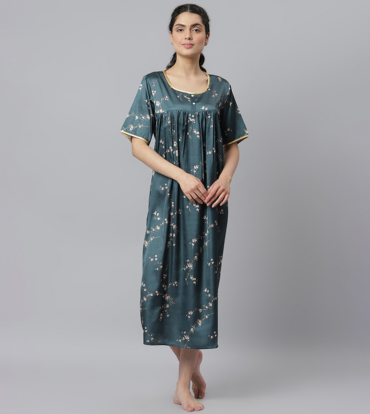 Buy HIS & HERS Printed Night Gown In Blue