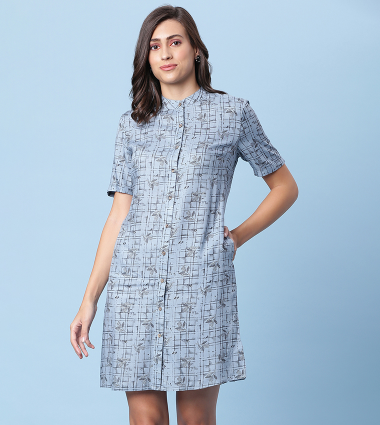 Shirt Style A-Line Mini Dress with Floral Detailing - White