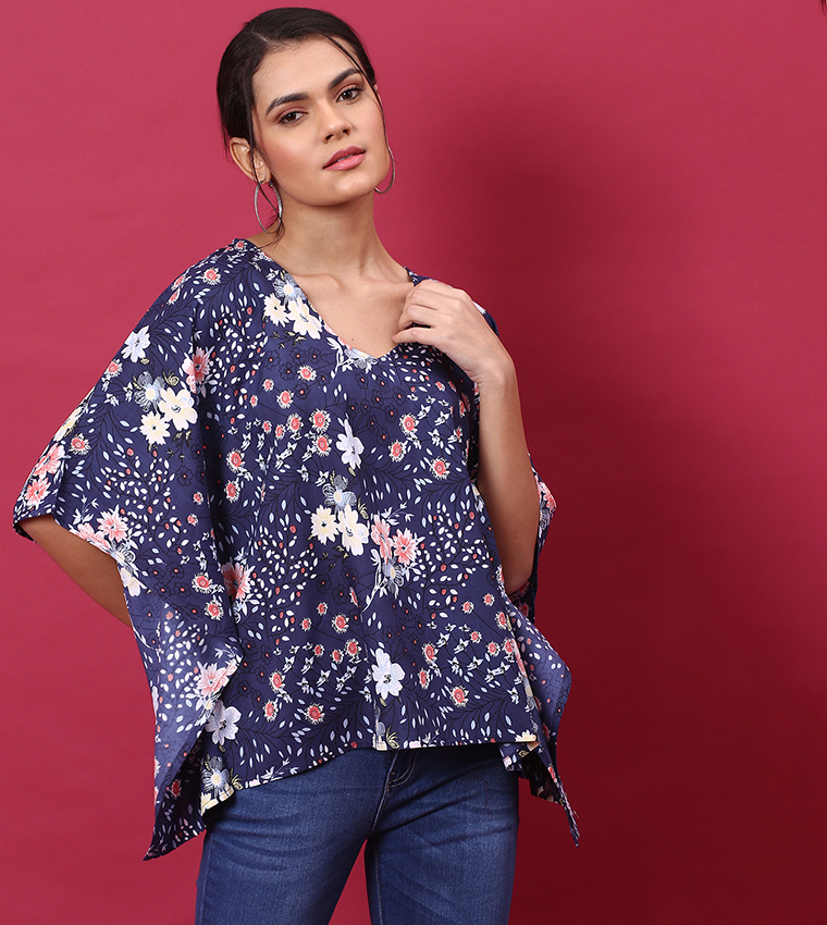 Buy HIS & HERS Floral Printed Kaftan Top In Blue | 6thStreet Qatar