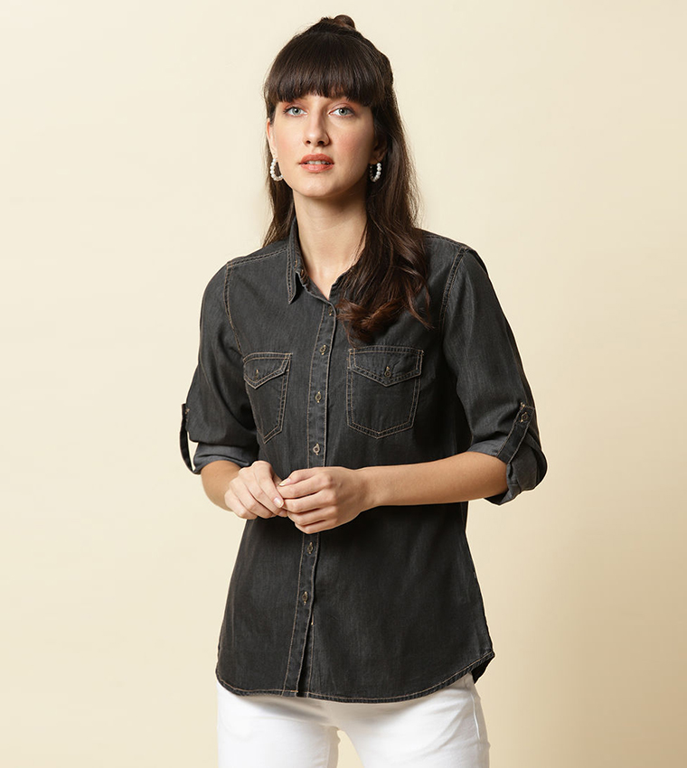 Black denim cheap shirts womens