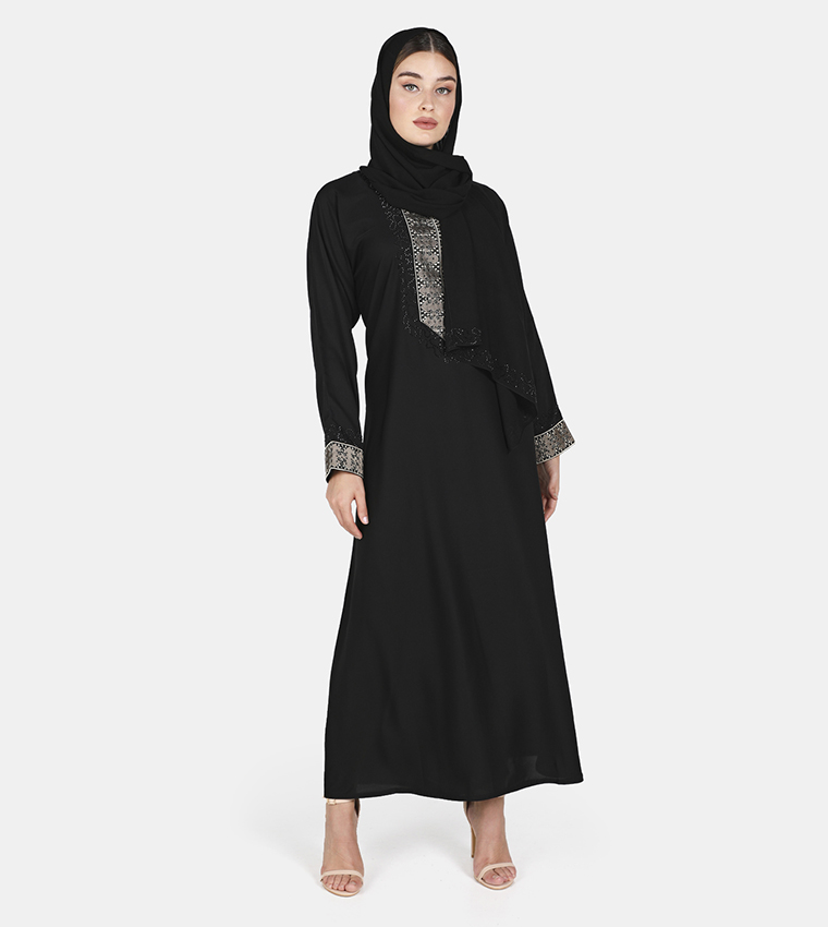 Buy HIS & HERS Printed And Embellished Abaya In Black | 6thStreet UAE