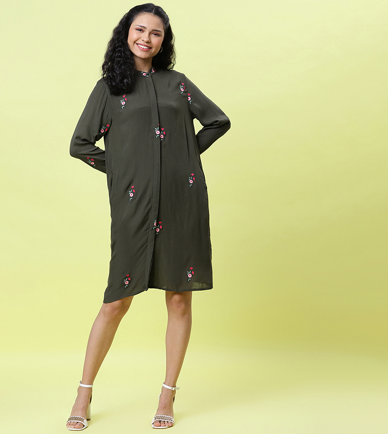 Buy HIS & HERS Embroidered Knee Length Shirt Dress In Green 6thStreet UAE