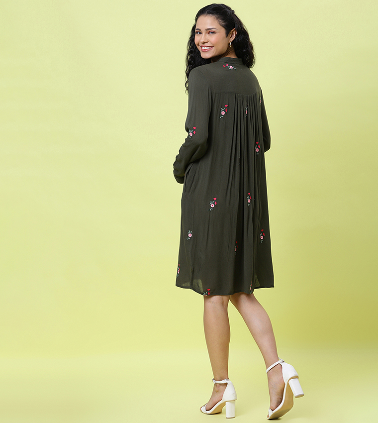 Buy HIS & HERS Embroidered Knee Length Shirt Dress In Green 6thStreet UAE