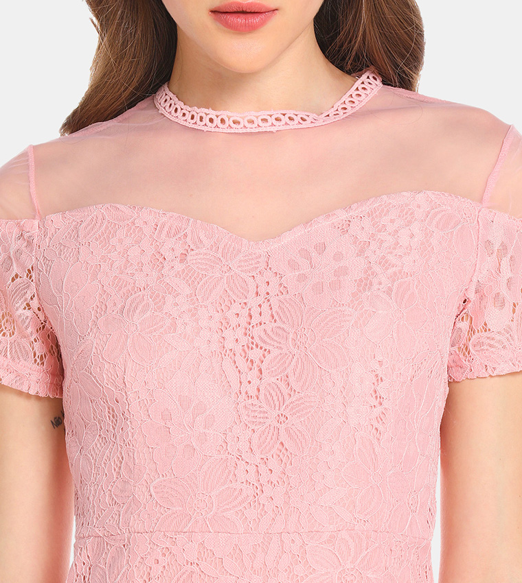 Buy HIS HERS Mesh Paneled Lace Dress In Pink 6thStreet UAE