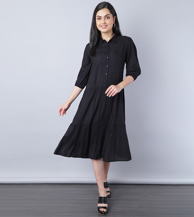 Buy His And Hers Solid Tiered Knee Length Dress In Black 6thstreet Qatar 2401