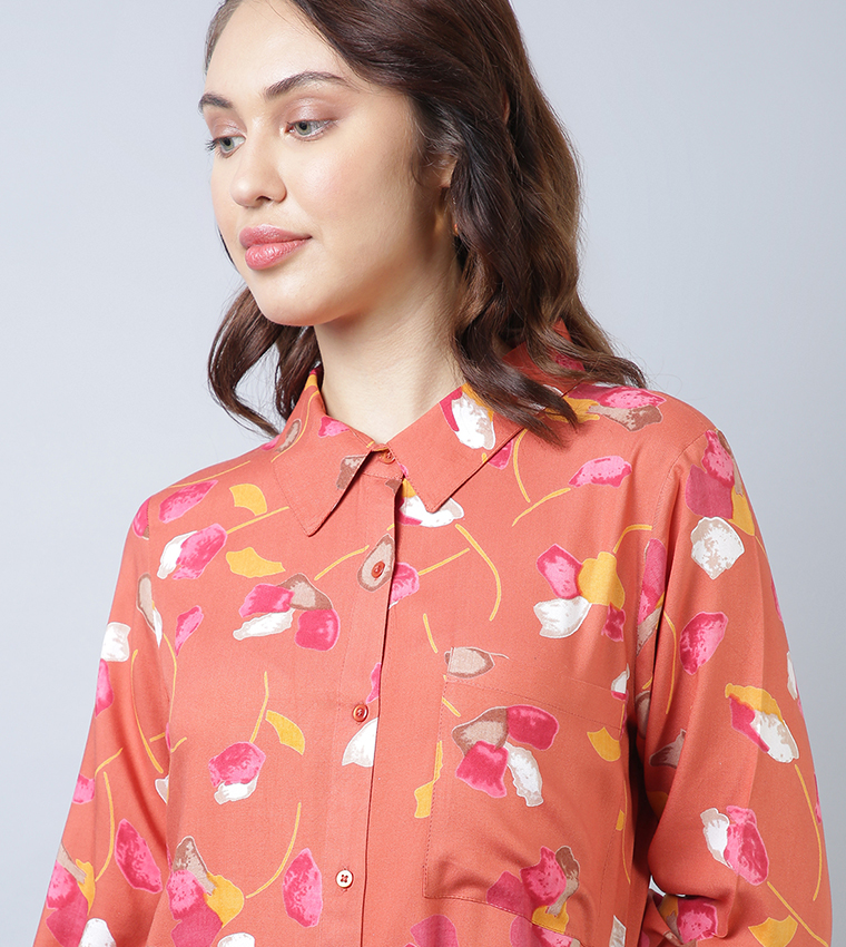 Buy HIS & HERS Printed Belted Maxi Shirt Dress In Coral | 6thStreet UAE