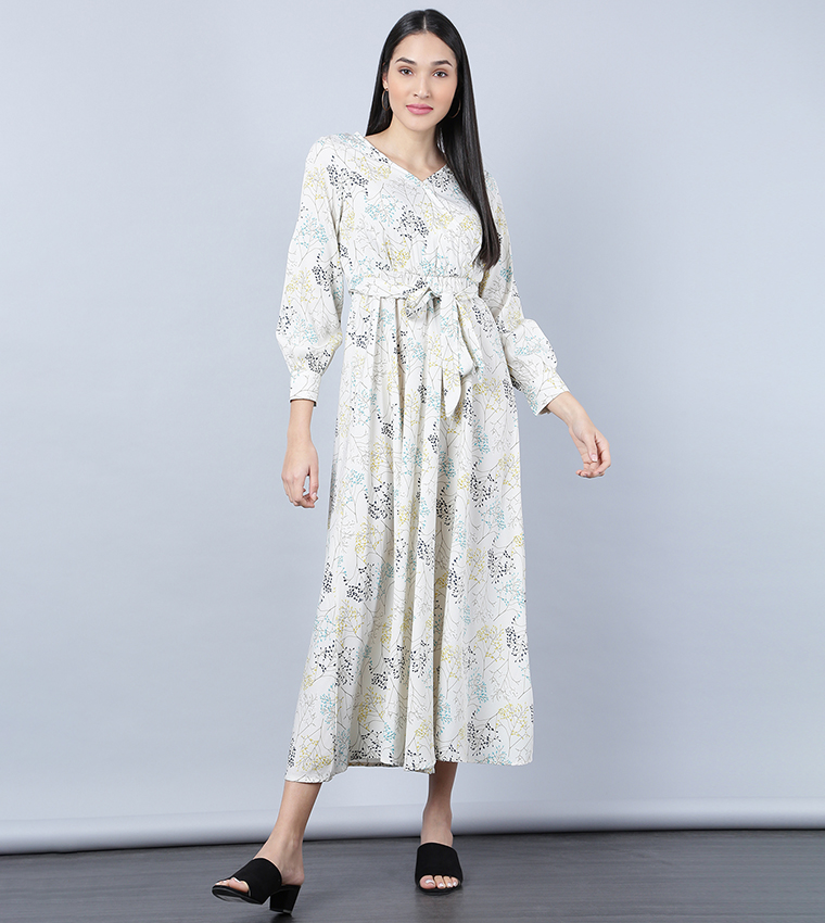 Buy HIS & HERS Printed Fit And Flared Maxi Dress In White | 6thStreet UAE