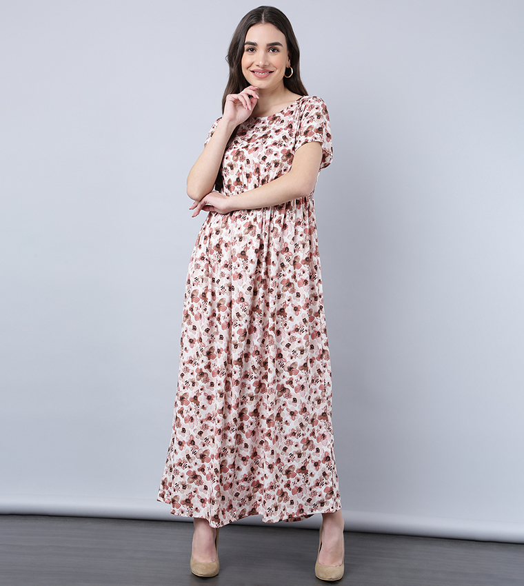 Buy HIS & HERS Printed Empire Maxi Dress In Beige | 6thStreet UAE