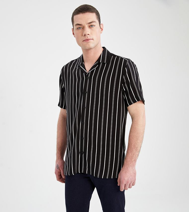 Buy DeFacto Striped Regular Fit Revere Collar Shirt In Black ...