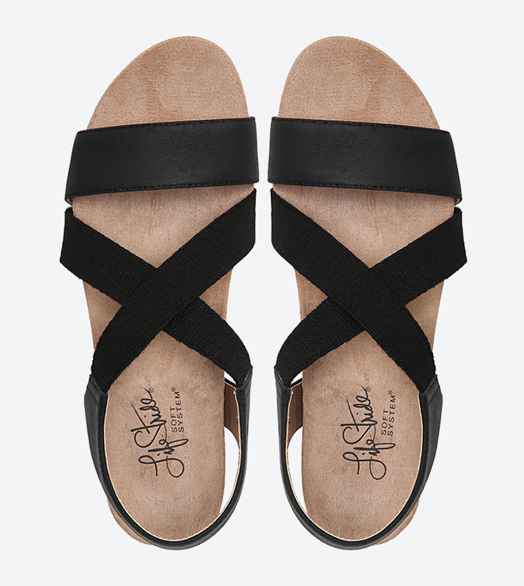 Mexico Cross Strap Details Round Toe Wedge Sandals - Black