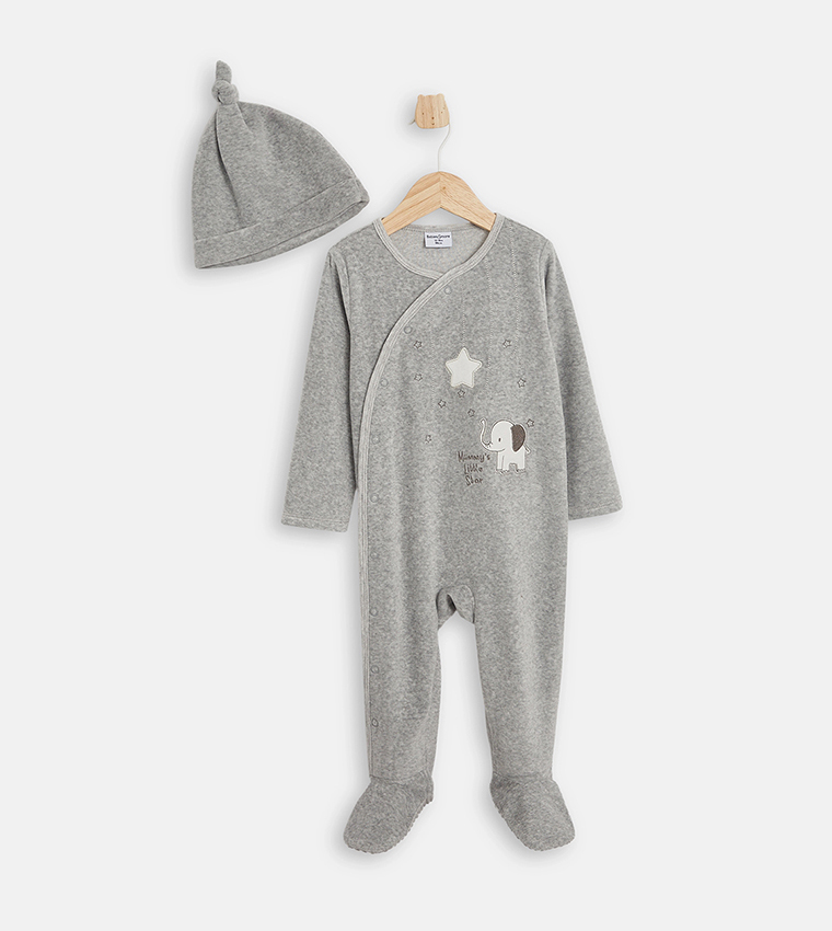 Embroidered Long Sleeves Footed Sleepsuit with Cap