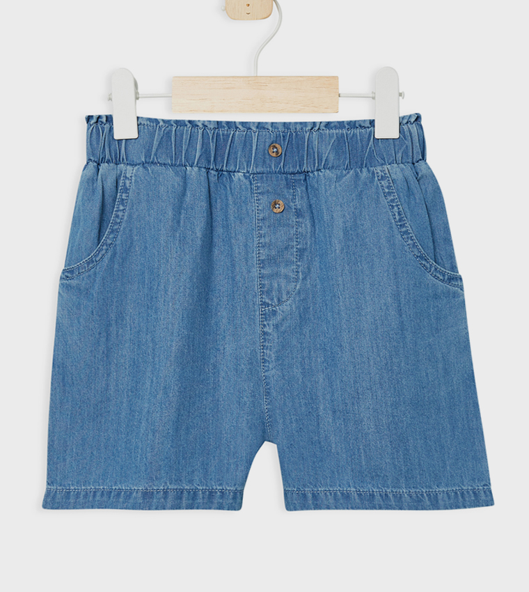 Washed Elastic Waist Denim Shorts