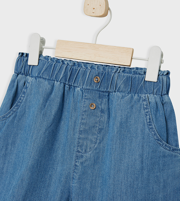 Washed Elastic Waist Denim Shorts