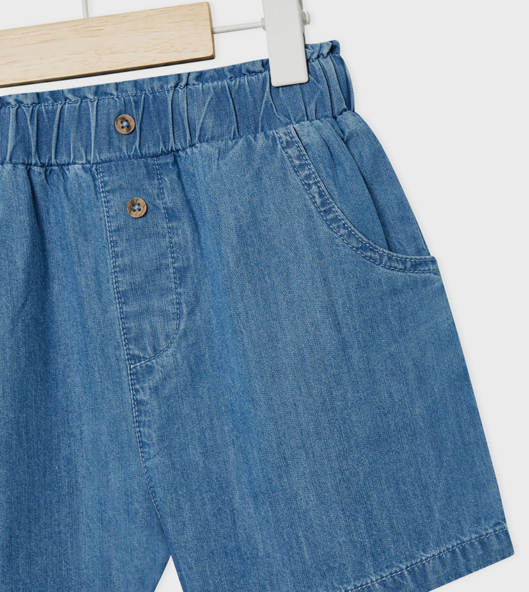 Washed Elastic Waist Denim Shorts
