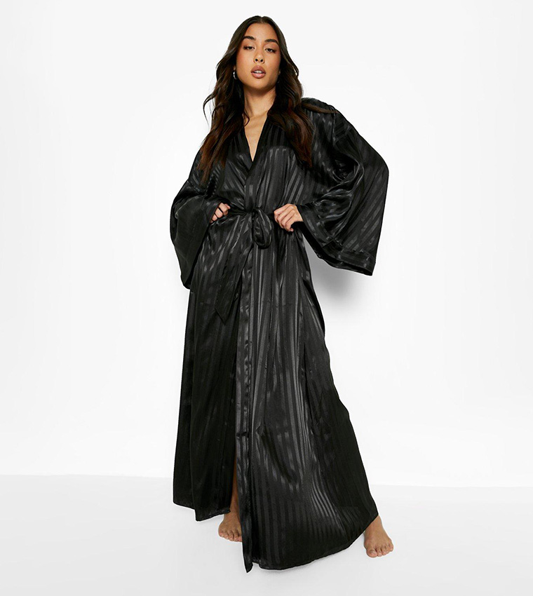 Buy Boohoo Tonal Satin Oversized Sleeves Night Robe In Black