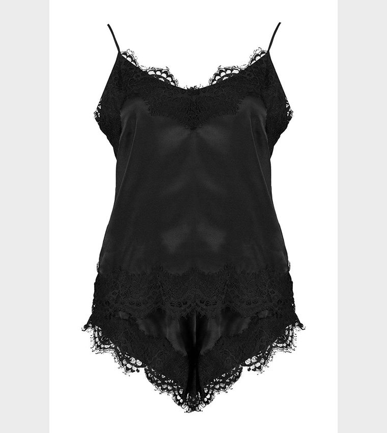 Buy Boohoo Eyelash Lace Trim Cami And Shorty Pyjama Set In Black