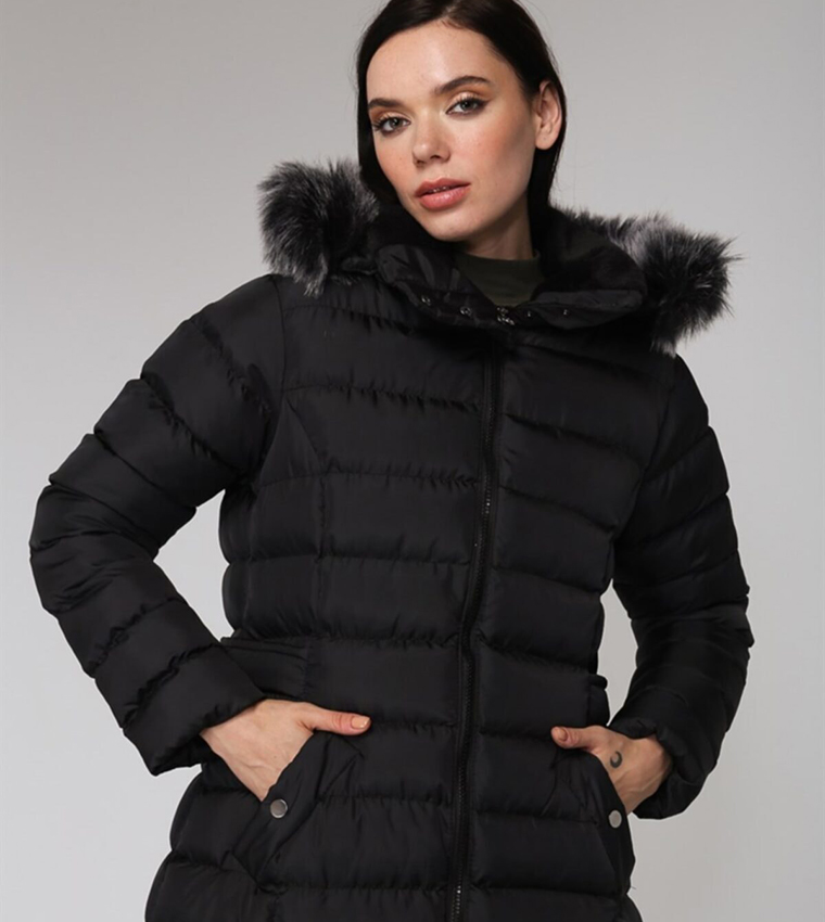 Fur Detail Long Sleeves Puffer Jacket