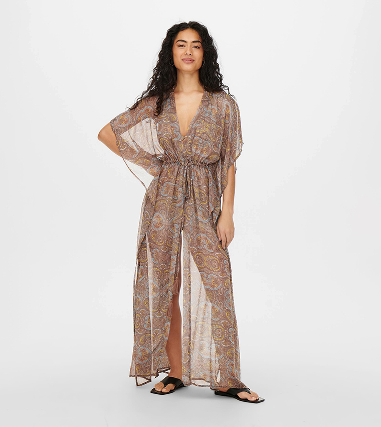 Buy Only Printed Sheer Beach Dress In Beige | 6thStreet Qatar