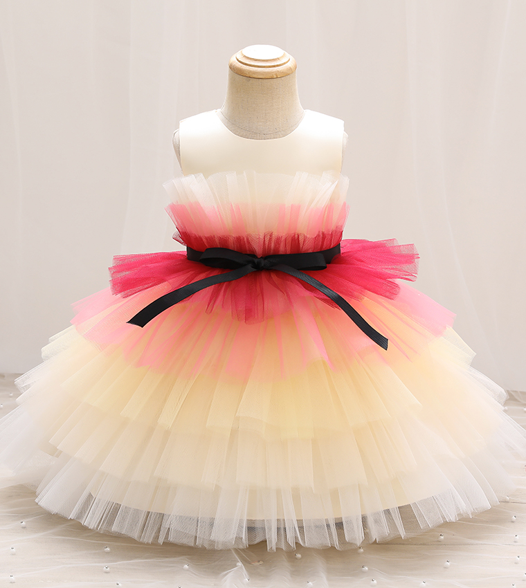 Bow Front Ruffle Hem Mesh Gown Dress