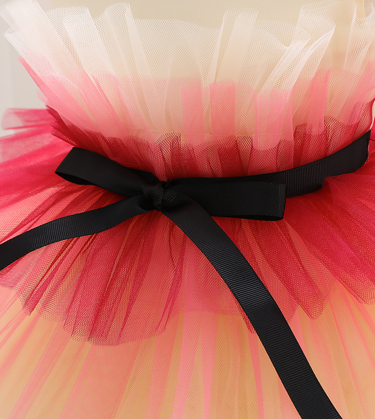 Bow Front Ruffle Hem Mesh Gown Dress