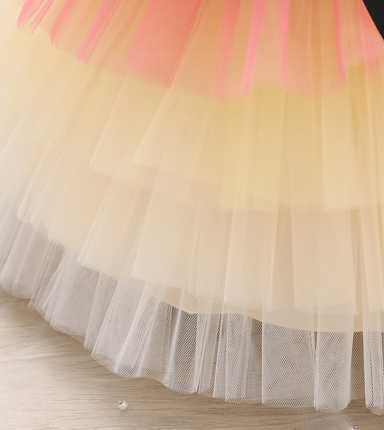 Bow Front Ruffle Hem Mesh Gown Dress