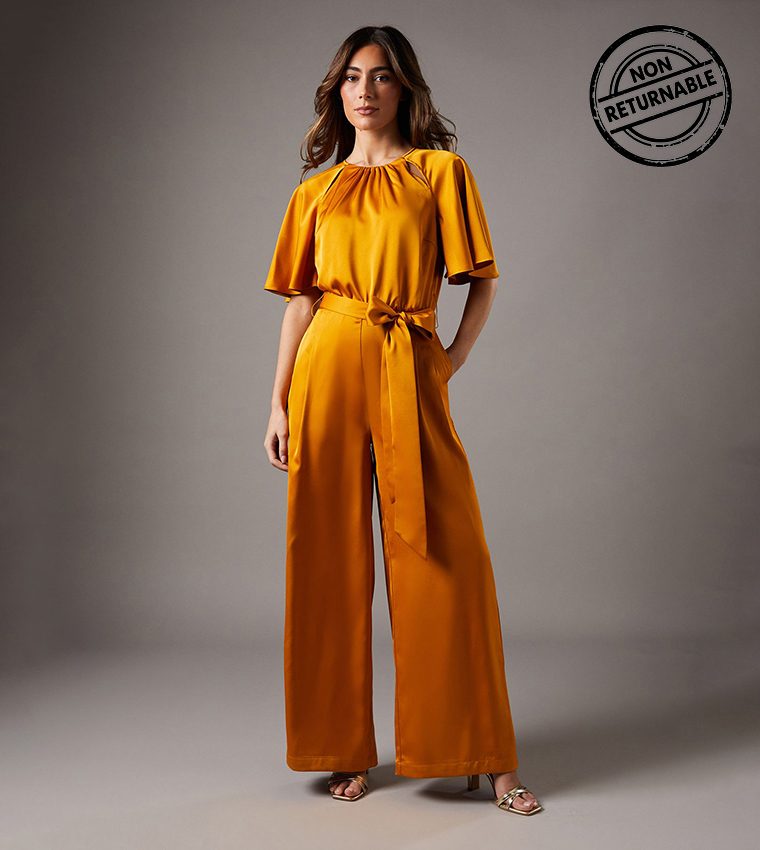 Belted Satin Angel Sleeves Jumpsuit - (Non Returnable)