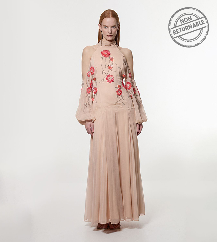 فستان ماكسي منسوج بأكتاف مكشوفة مزين بتطريز أزهار ثلاثي الأبعاد  - غير قابل للإرجاع