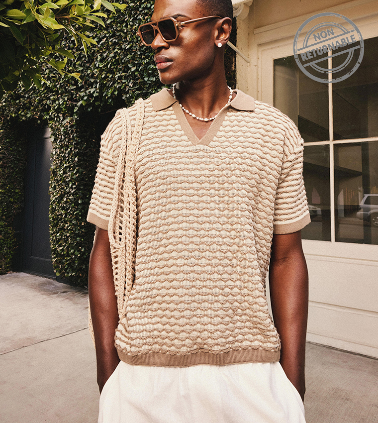 Oversized Boxy Striped Textured Knit Polo T-Shirt - (Non Returnable)