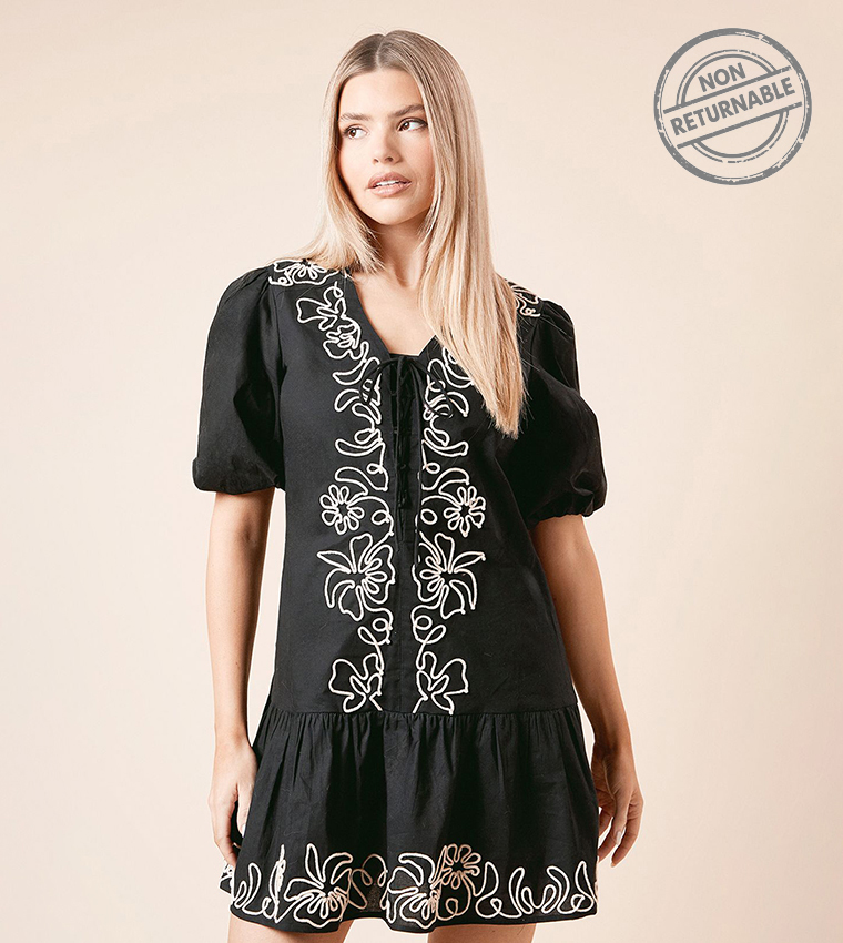 Buy Dorothy Perkins Embroidered Cornelli Poplin Mini Dress Non Returnable  In Black