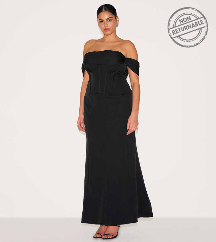 Buy PrettyLittleThing Curve Corset Detail Bardot Dress Non Returnable In Black | 6thStreet Kuwait Buy PrettyLittleThing Curve Corset Detail Bardot Dress Non Returnable In Black | 6thStreet Kuwait