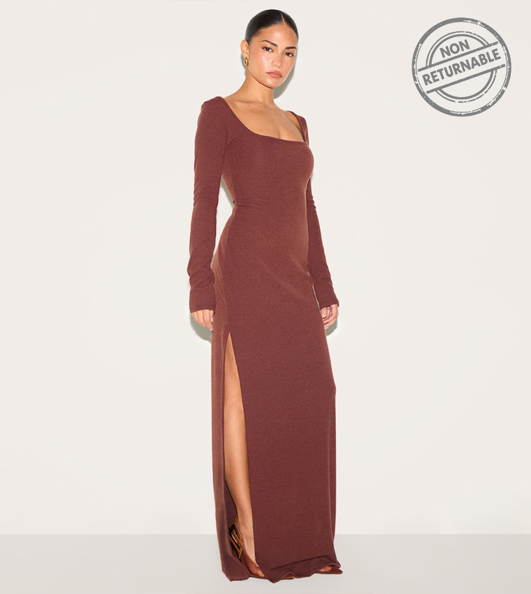 Buy PrettyLittleThing Petite Ribbed Long Sleeves Maxi Dress (Non  Returnable) In Dark Brown | 6thstreet Bahrain