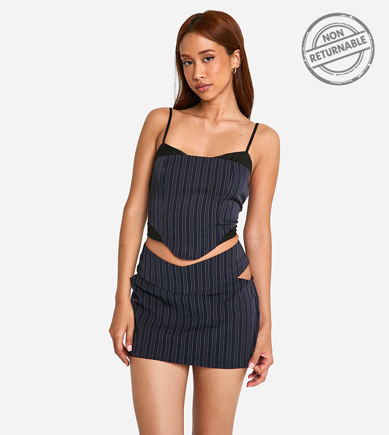 تنورة ميني مخططة بفتحة جانبية    - غير قابل للإرجاع