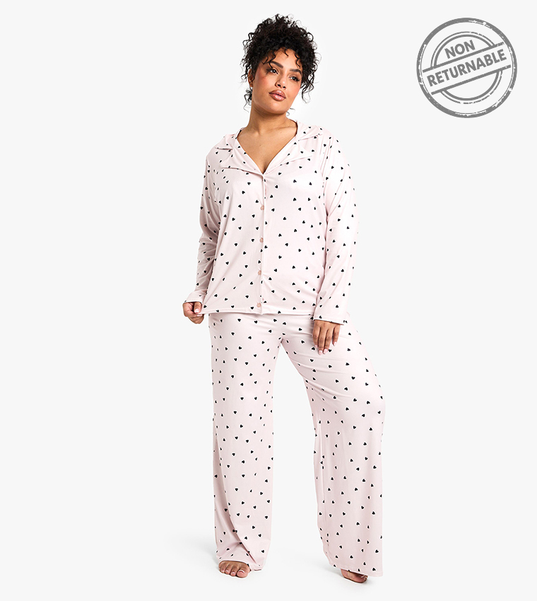 Curve Heart Print Long Sleeves & Trouser Pyjama Set - Non Returnable