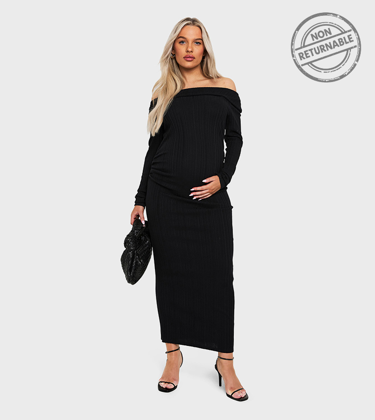 Buy Boohoo Maternity Ribbed Bardot Ruched Maxi Dress (Non Returnable) In  Black | 6thstreet Qatar