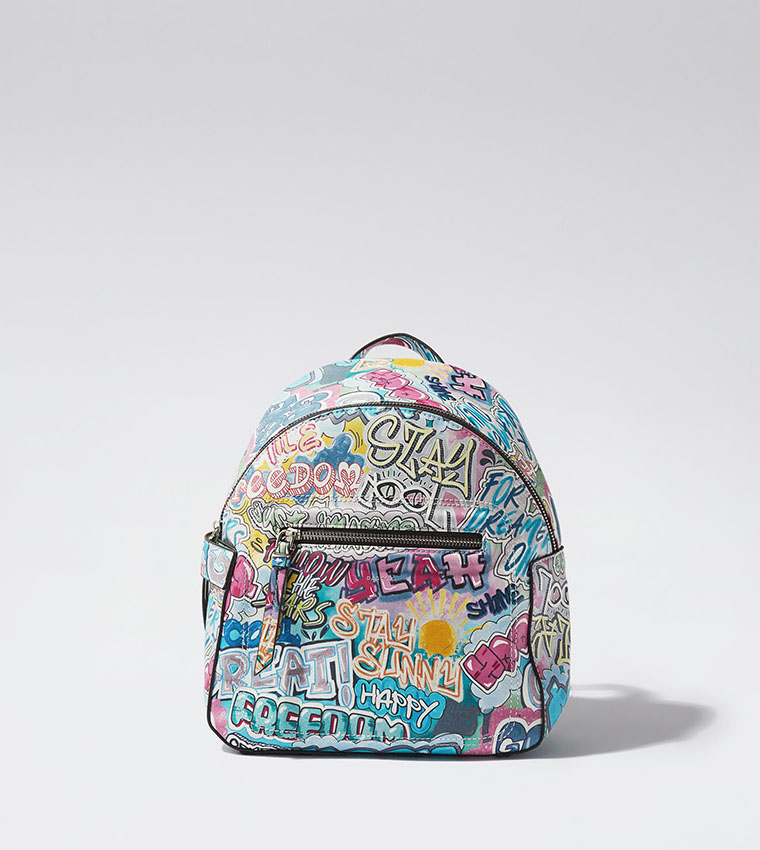 Buy Parfois Printed Backpack With Phone Pouch In Blue 6thStreet UAE