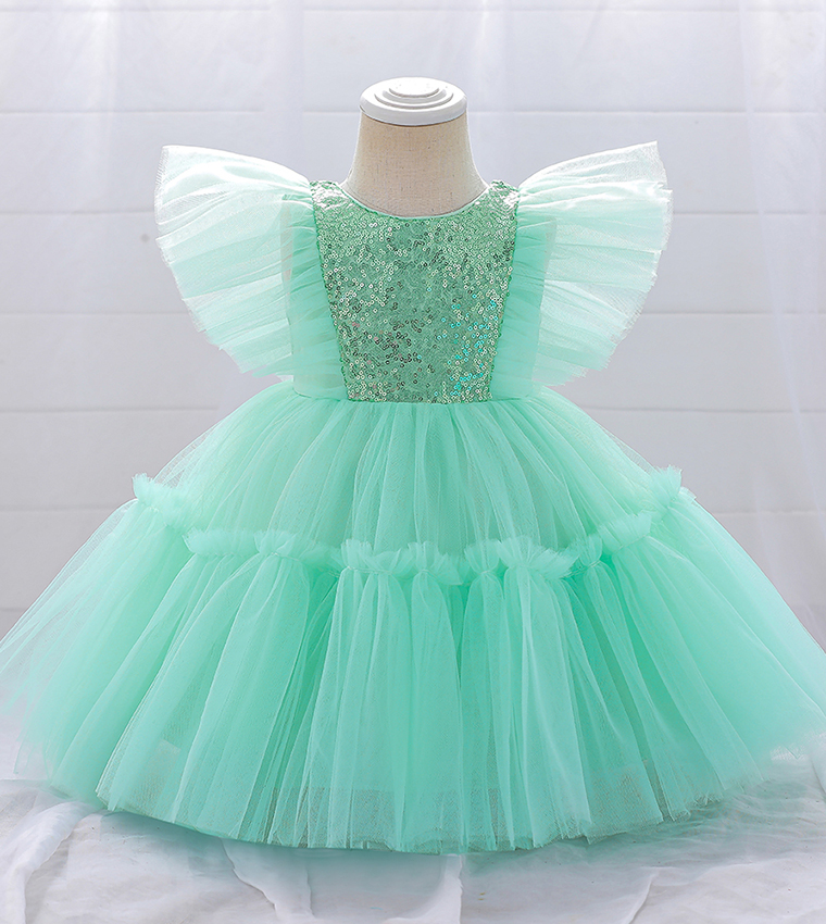 Sequins Detail Flutter Sleeves Tulle Dress