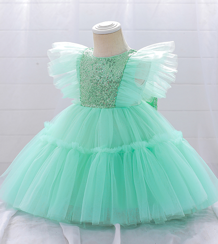 Sequins Detail Flutter Sleeves Tulle Dress