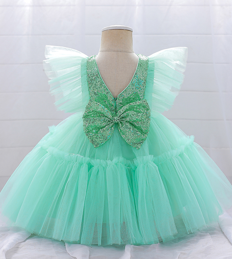 Sequins Detail Flutter Sleeves Tulle Dress