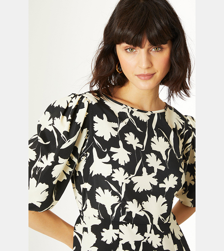 Printed Notched Balloon Sleeve Dress main image 1