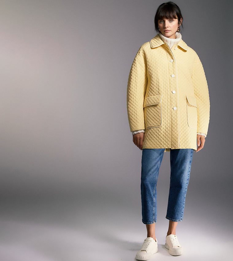 Buy Principles Quilted Shacket With Contrast Pu Binding In Yellow