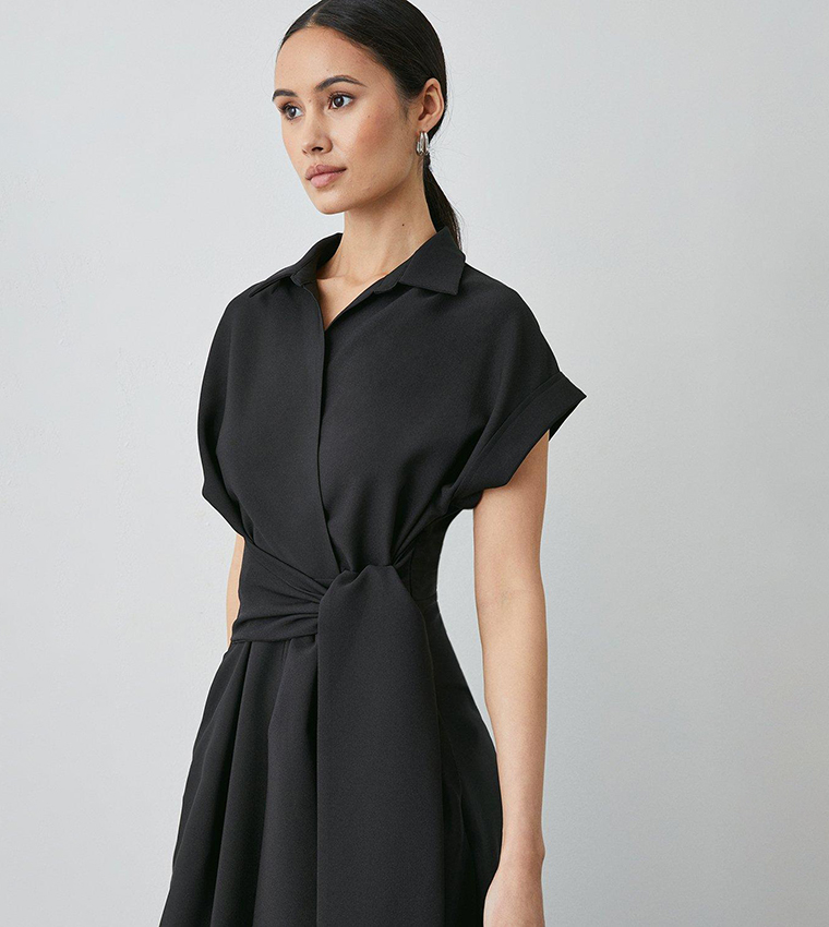 Black Front Tie Shirt Midi Dress