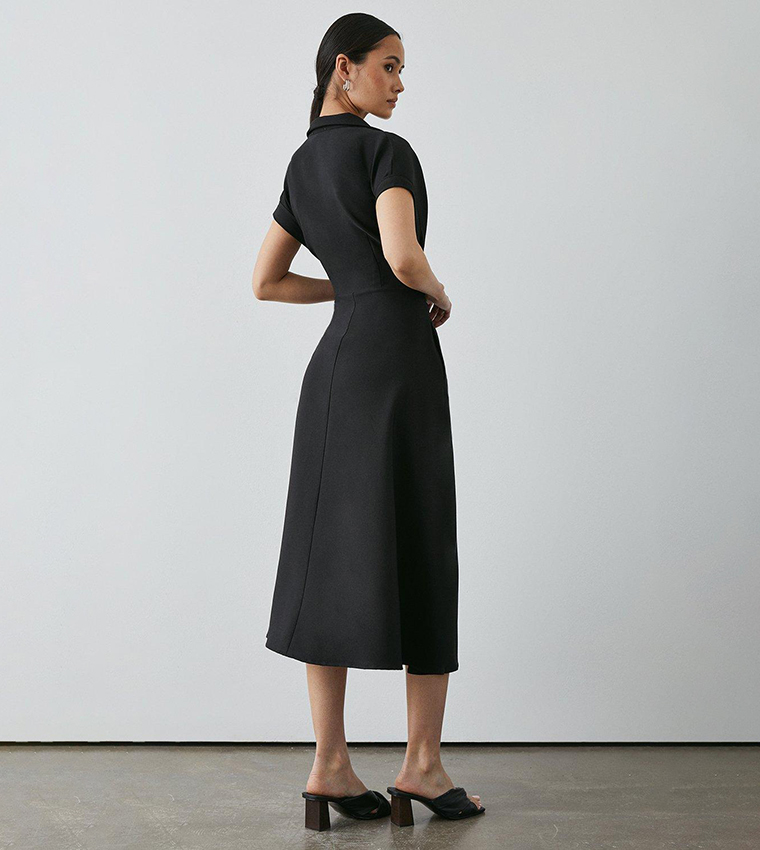 Black Front Tie Shirt Midi Dress