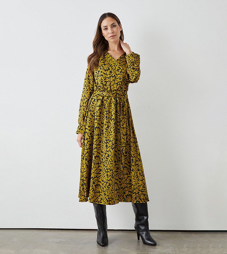 Buy Principles Chartreuse Abstract Satin Wrap Dress In Yellow